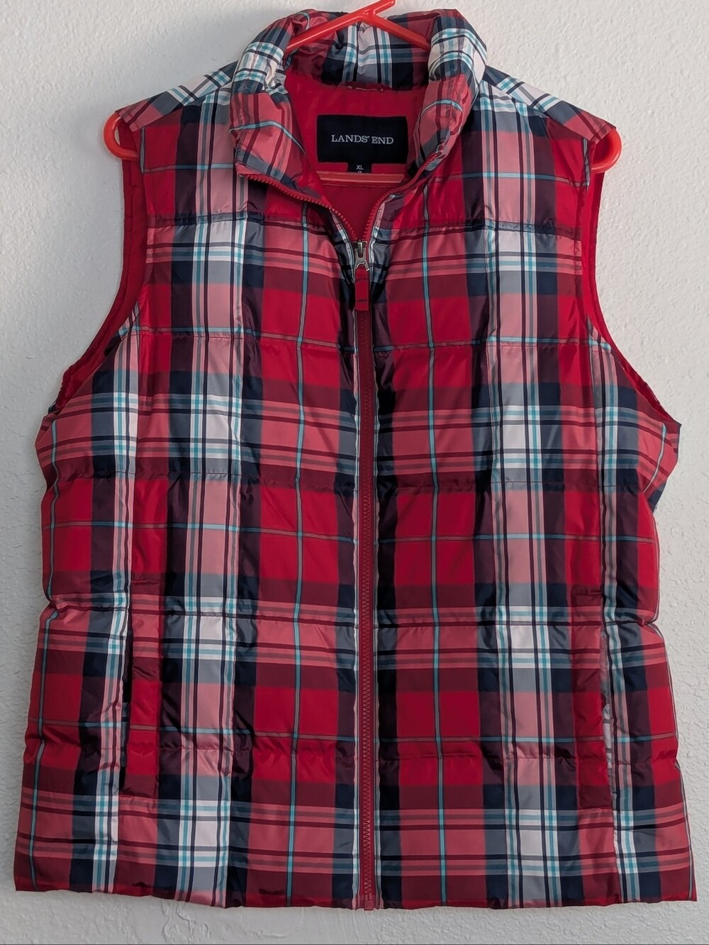 Lands' End Red Navy Plaid Quilted Puffer Vest, Size XL